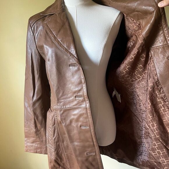 Vintage Nine West Brownβ Leather Coat Large Button Front Y2K Trench Jacket - Picture 8 of 11